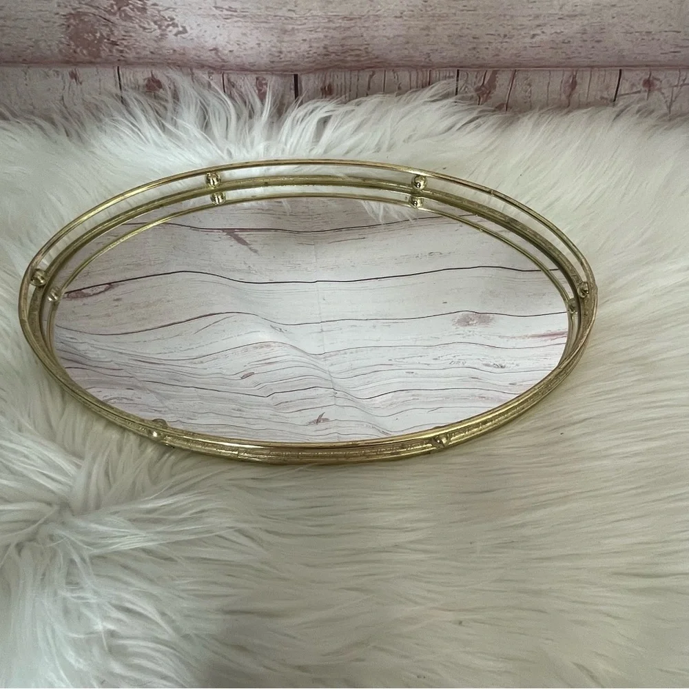 Vtg Gold Brass Tone Hollywood Regency Mirrored Dresser Oval Vanity Tray w/rail